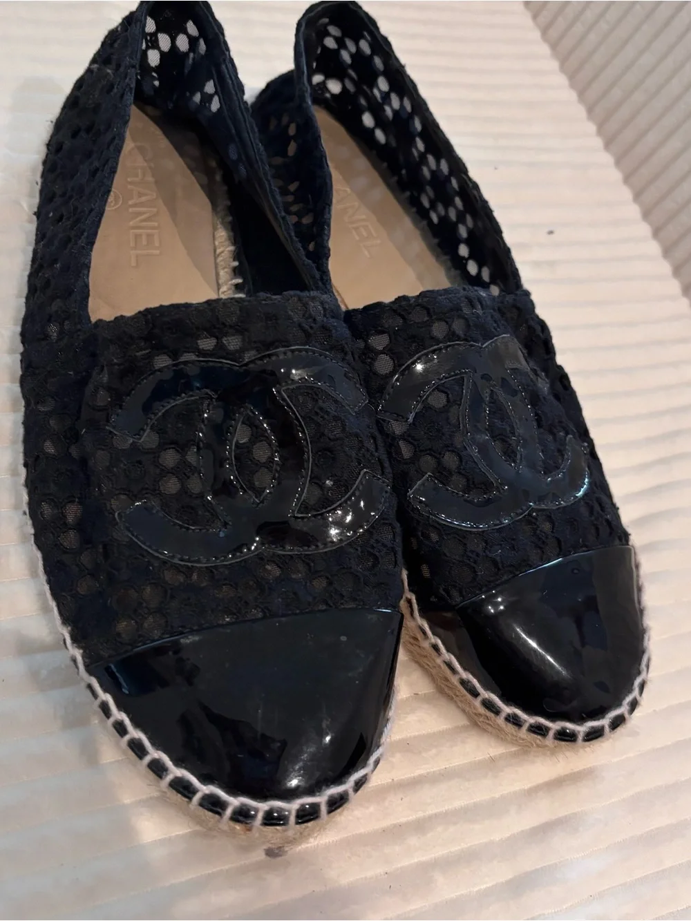 CHANEL Black Woven Espadrille Flats with Patent Cap Toe